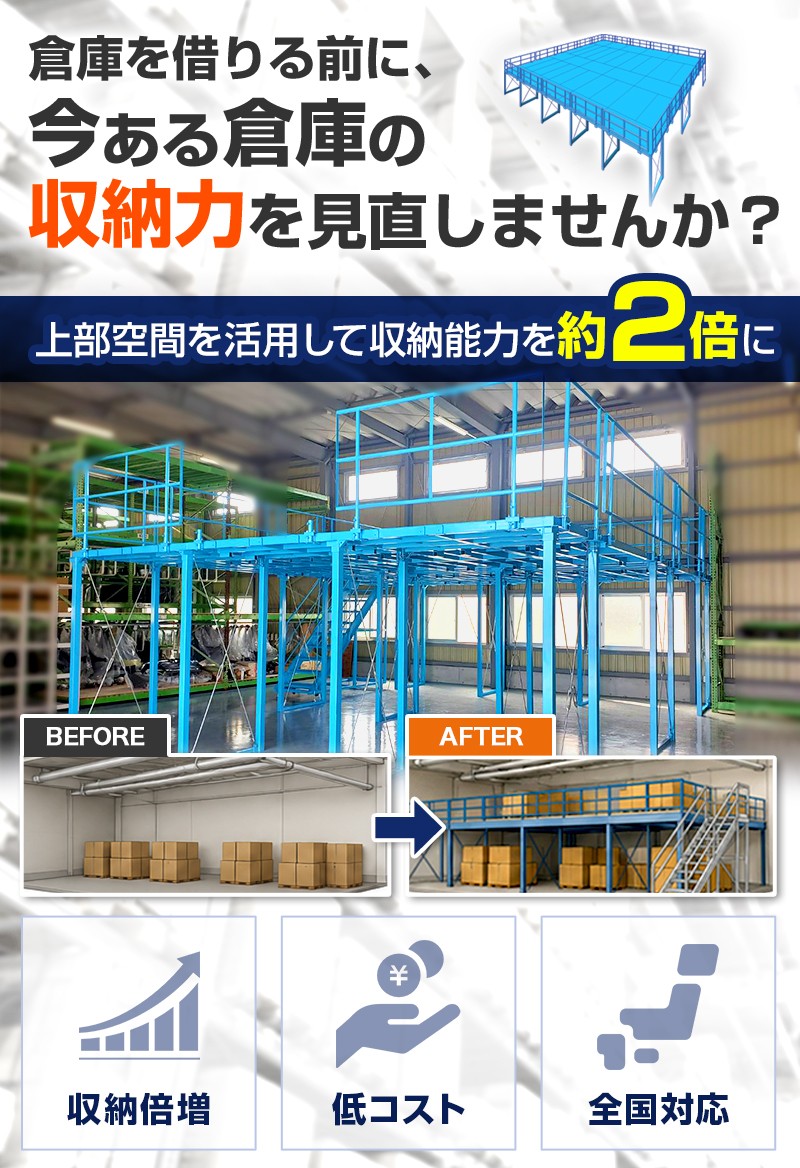 倉庫を借りる前に、今ある倉庫の収納力を見直しませんか？ 上記空間を活用して収納数約2倍に