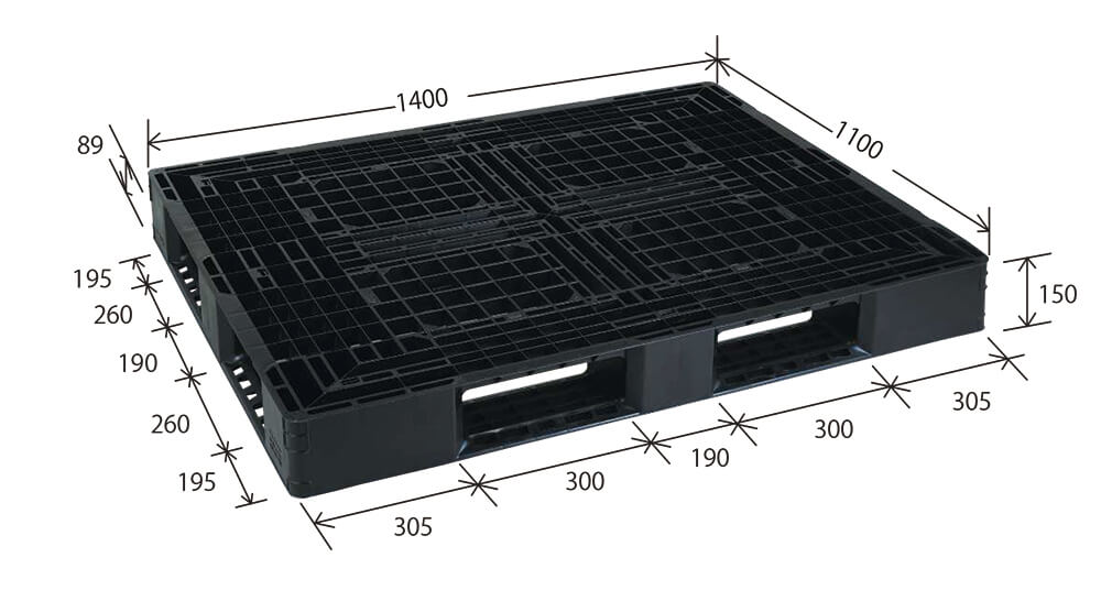 プラスチックパレット DA-JL-D4-1411L 黒 岐阜プラスチック工業(RISU)製